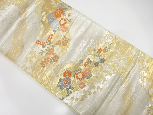 今田機業製　道長取に花蝶模様織り出し袋帯